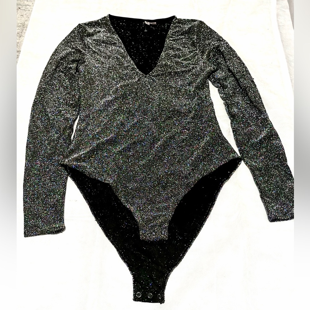 H&M Divided Black Shimmer Bodysuit | Long Sleeve V-Neck | Size Large